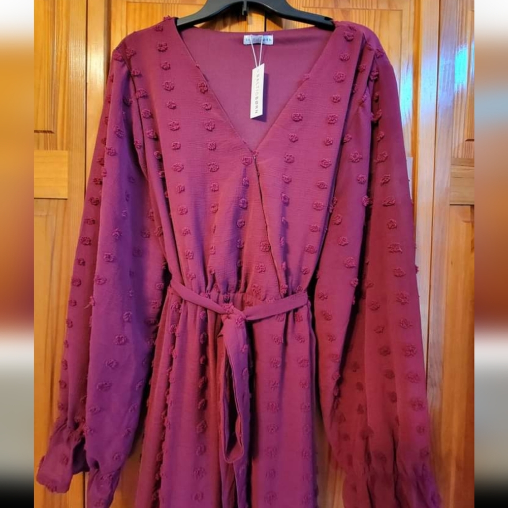 NWT Baltic Born Paisley Dot Midi Dress Long Sleeve Faux Wrap 3xl Burgundy